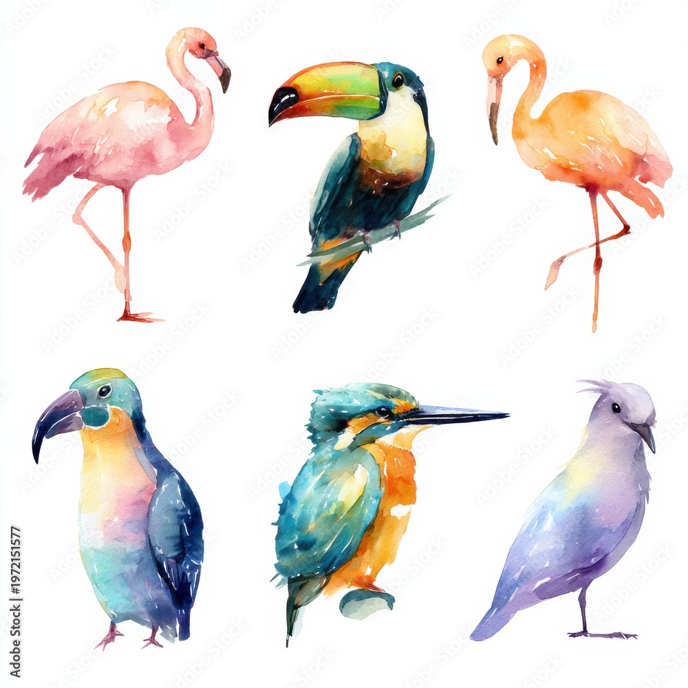 Obraz premium Six tropical birds are illustrated in watercolor. Each bird stands out against a white background, displaying bright colors and unique features.