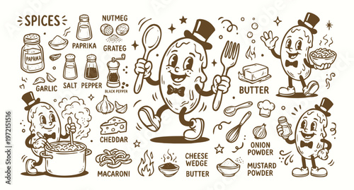 Vintage 1930s Retro Cheese Mascot and Macaroni Cooking Doodle Set