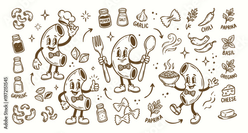 Vintage 1930s Retro Macaroni Pasta Mascot and Cooking Ingredients Doodle Set