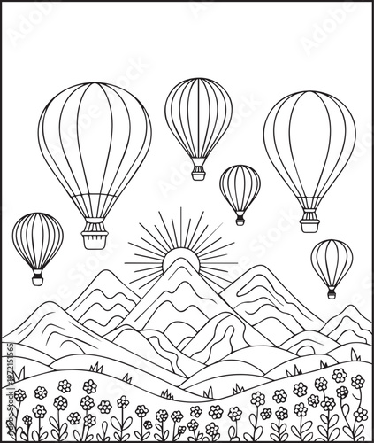 Mountain landscape outdoor scenery coloring page for kids, black line art vector illustration for activity book design