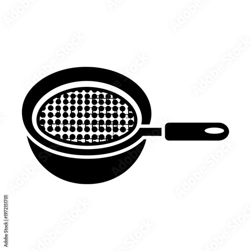 A striking black silhouette of a frying pan with a perforated basket insert silhouette
