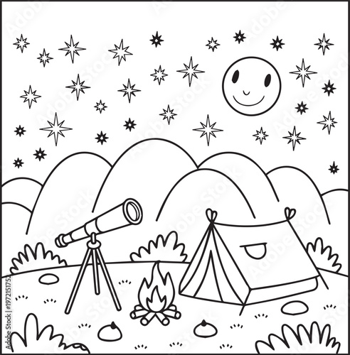 Mountain landscape with camping outdoor scenery coloring page for kids, black line art vector illustration for activity book design