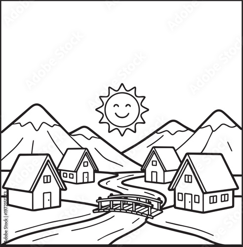 Mountain landscape with tiny house and smiley sun outdoor scenery coloring page for kids, black line art vector illustration for activity book design