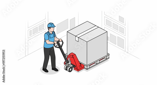 Isometric Illustration of Warehouse Worker Moving Large Cargo Box with Manual Pallet Jack for Logistics and Shipping Services