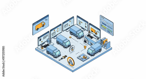 Smart Logistics and Fleet Management Isometric Illustration with Delivery Trucks, GPS Tracking Systems, and Supply Chain Monitoring Dashboards