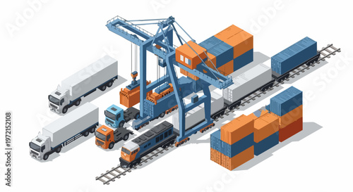 Isometric Global Logistics Terminal with Container Gantry Crane, Cargo Train, Semi-Trucks, and Shipping Containers for Supply Chain and Intermodal Transport
