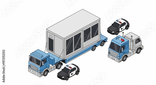 Isometric Heavy Truck Transporting Modular Building with Police Escort. Logistics and Construction Convoy Illustration