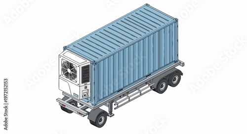 Isometric Illustration of a Refrigerated Shipping Container Reefer on a Semi-Trailer Chassis Isolated on White