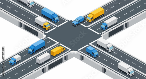 Isometric Logistics Concept with Cargo Trucks on a Highway Intersection and Overpass for Global Supply Chain, Delivery, and Transportation Services