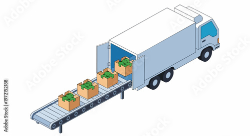 Isometric Illustration of Fresh Green Apples Being Loaded into a Delivery Truck via Conveyor Belt for Global Distribution and Supply Chain Logistics