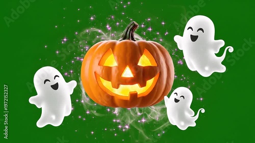 Three happy ghosts and a jack-o'-lantern on a green background with sparkles, digital Halloween scene in a playful, cartoonish style with orange pumpkin and white ghosts.