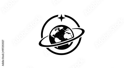 Stylized monochrome globe icon with orbiting ring and star, perfect for global communication, space, technology, and environmental concepts.