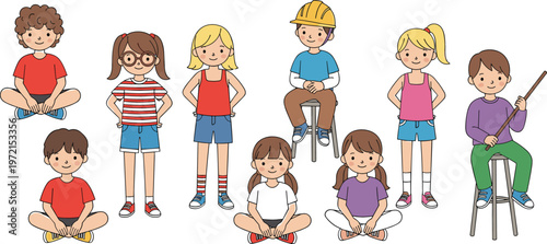 Cute children characters collection with boys and girls sitting and standing in different poses representing childhood, school kids diversity cartoon illustration set
