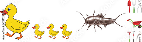 Cute mother duck with ducklings walking illustration alongside cricket insect and gardening tools set including wheelbarrow and hand tools isolated on background