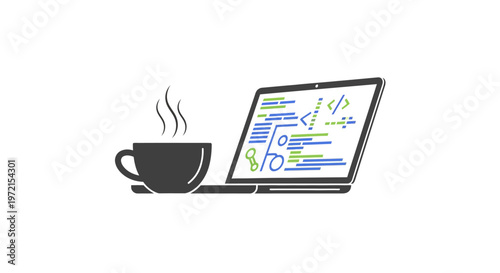 Laptop computer with coffee cup and coding software on screen
