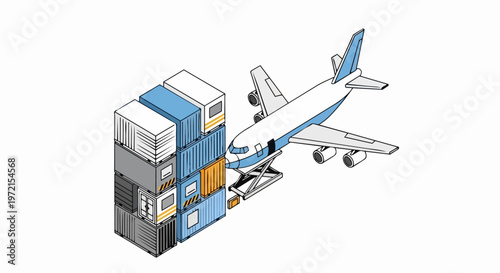Isometric Vector Illustration of a Cargo Airplane Loading Shipping Containers for Global Logistics, Air Freight, and Supply Chain Transportation Concept