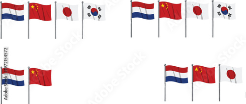 Waving international country flags collection including Netherlands, China, Japan and South Korea on flagpoles isolated illustration representing global nations and diplomacy concept
