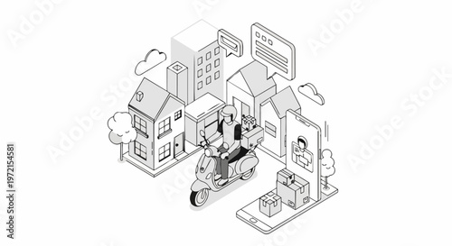Isometric Delivery Service Illustration with Scooter, City Buildings, and Mobile App for Online Ordering