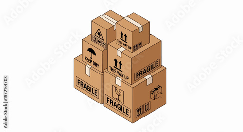 Isometric Cardboard Boxes Stack with Shipping Symbols, Fragile Delivery Packages for Logistics and E-commerce Concept