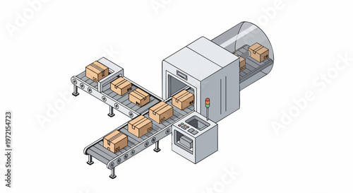 Isometric automated conveyor belt system with cardboard boxes in factory or warehouse, logistics and supply chain concept illustration.