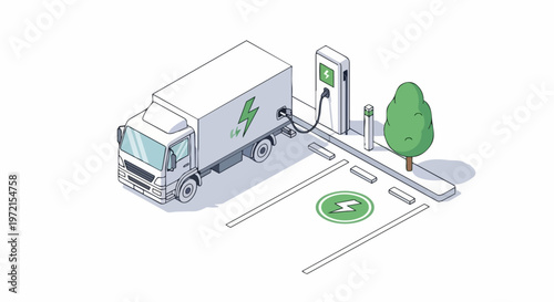 Isometric Electric Delivery Truck at Charging Station - Sustainable Logistics and Green Transportation Vector