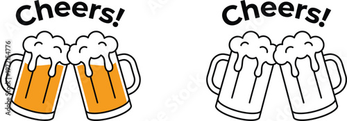 Two beer mugs with cheers message in a colorful and outline version