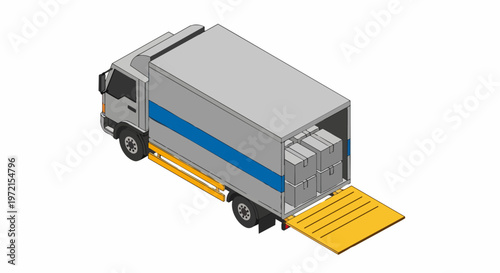 3D Isometric Delivery Truck with Open Tail Lift and Cargo Boxes for Logistics and Shipping Services