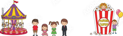 Amusement park carnival illustration set with carousel ride, cute children characters, popcorn bucket and balloons representing fun fair entertainment concept
