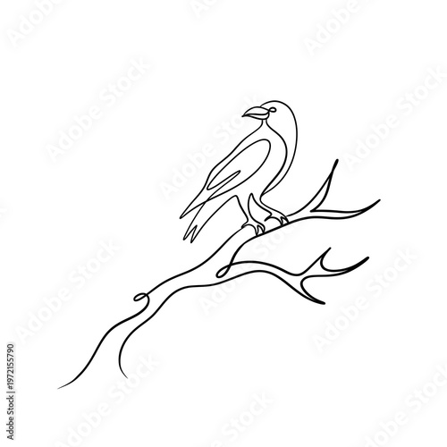 Minimalist One Line Art of Raven Perched on a Tree Branch