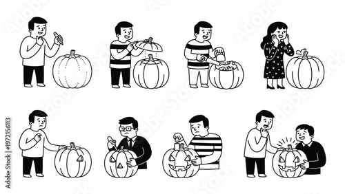 Sequential Art: From Pumpkin to Jack-o'-Lantern, showing the carving process and various observer reactions in a black and white comic strip.