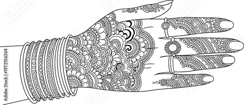 henna, mehndi, hand, tattoo, floral, design, jewelry, bangles, rings, traditional, indian, bridal, wedding, pattern, intricate, elegant, outline, vector, illustration, decorative