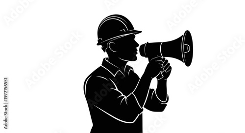 May day Construction worker, laborer, man, hard hat, megaphone, announcement, construction, worker, labor isolated on White Background vactor EPS