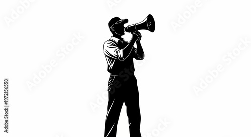 May day Megaphone, man, silhouette, announcement, communication, illustration, black, white, vector isolated on White Background vactor EPS
