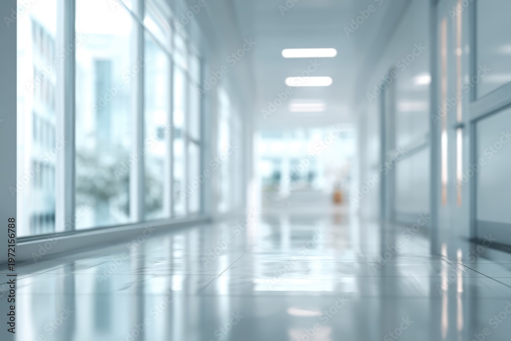 Obraz premium Modern Office Building Hallway with Large Windows and Reflections.