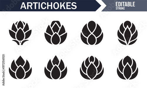 Simple artichoke silhouettes set for agriculture and farming visuals