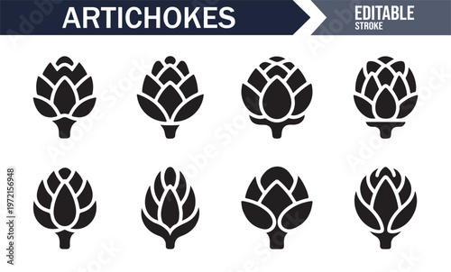 Healthy food artichoke icons set for vegan and vegetarian themes