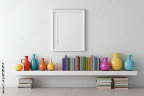 Colorful Vases and Books on a White Shelf with Blank Frame Above.