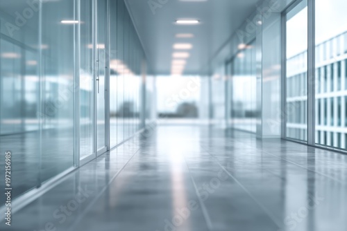 Modern Office Corridor with Glass Walls and Natural Light.