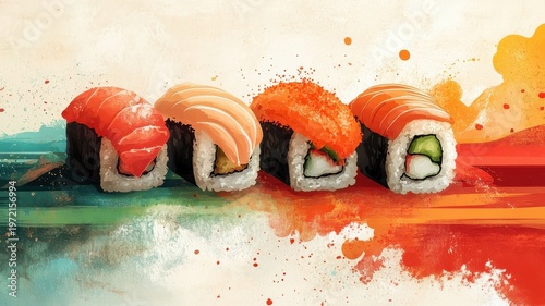 Abstract illustration of sushi, focusing on shapes and colors rather than realism.