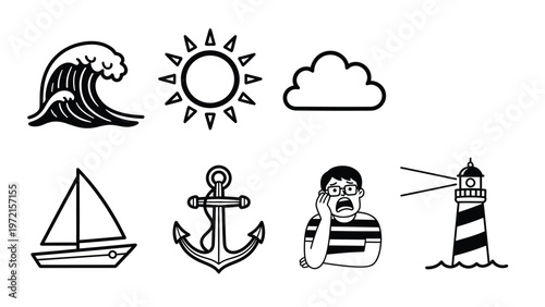 Outline icons set: wave, sun, cloud, sailboat, anchor, scared person, lighthouse. Black and white line art for sea, weather, and human emotions.
