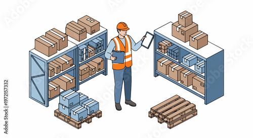 Isometric Illustration of a Warehouse Worker Managing Inventory with Tablet and Clipboard in Distribution Center