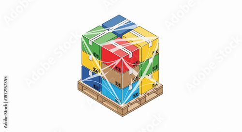 Isometric Illustration of Multi-Colored Cardboard Boxes on a Wooden Pallet Wrapped in Stretch Film for Logistics and Shipping Concepts