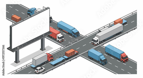 Isometric Highway Logistics with Semi Trucks and Large Blank Billboard at an Overpass Intersection