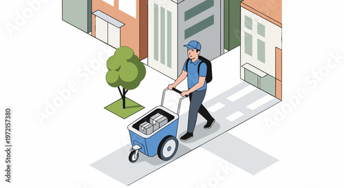 Isometric Courier Character Delivering Packages with Handcart in City Street