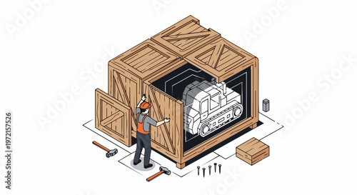 Isometric illustration of a technician opening wooden industrial crates to reveal a high-tech machinery prototype or vehicle blueprint, logistics and manufacturing concept.