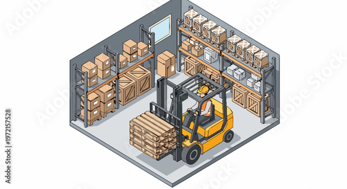 Isometric Warehouse Illustration with Forklift Operator Moving Pallets and Storage Racks filled with Boxes