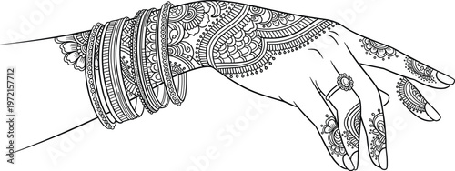 henna, mehndi, hand, tattoo, floral, design, jewelry, bangles, rings, traditional, indian, bridal, wedding, pattern, intricate, elegant, outline, vector, illustration, ornamental