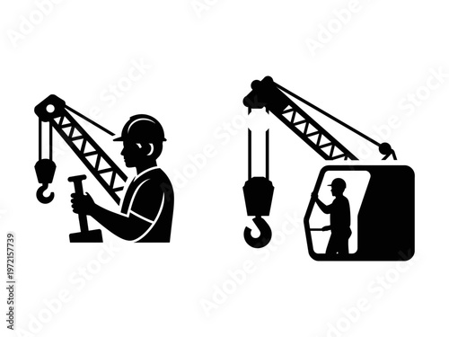 Construction worker operating a tower crane depicted in a stark black and white style