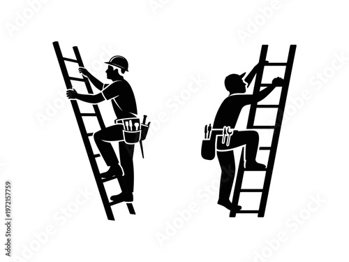 A construction worker climbs a ladder depicted in a black and white vector illustration