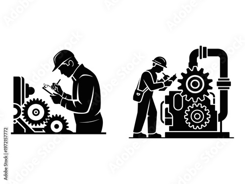Industrial workers inspecting machinery and documenting findings in a black and white illustration